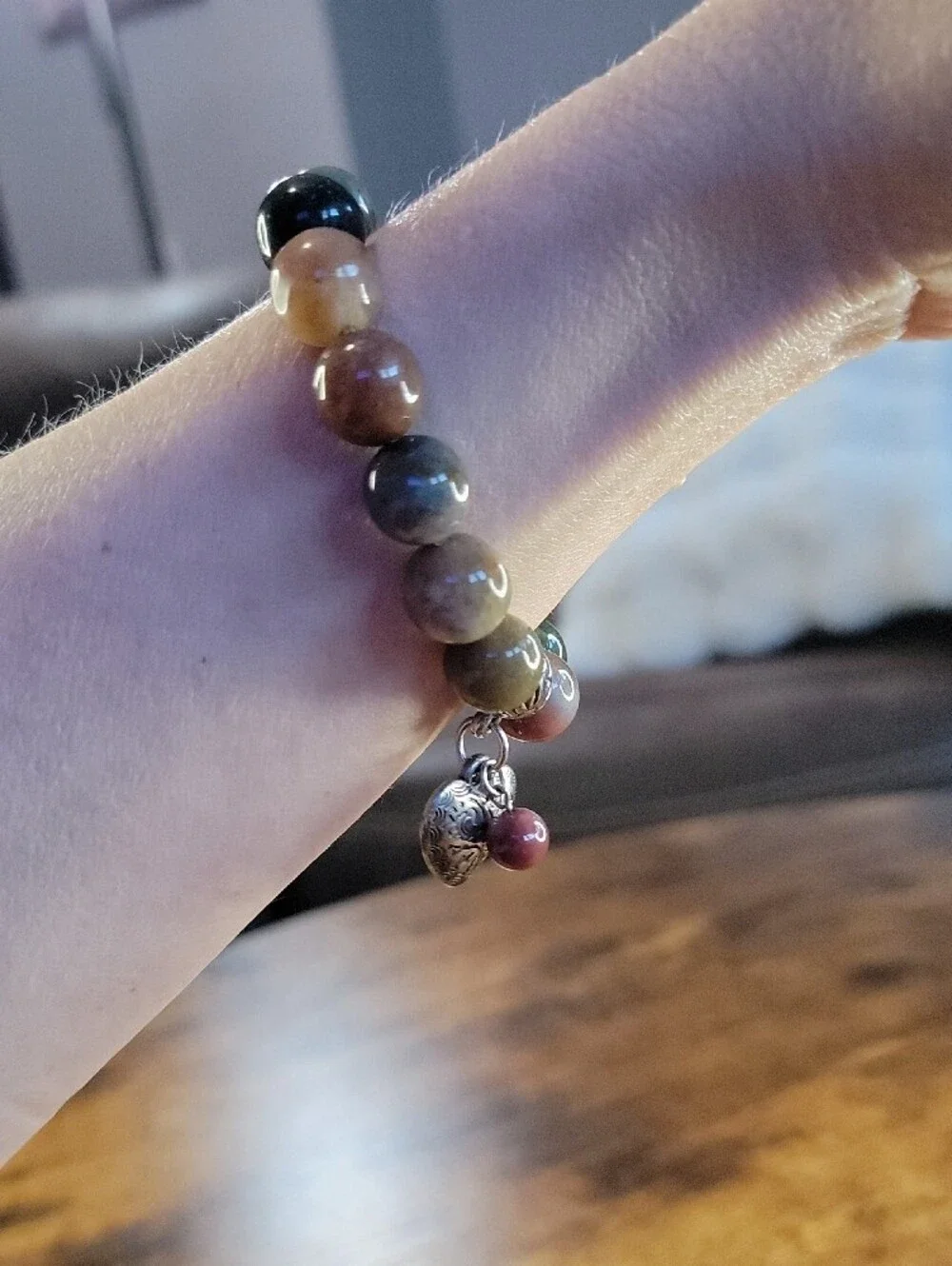 Agate Stretch Bracelet with Heart Charm